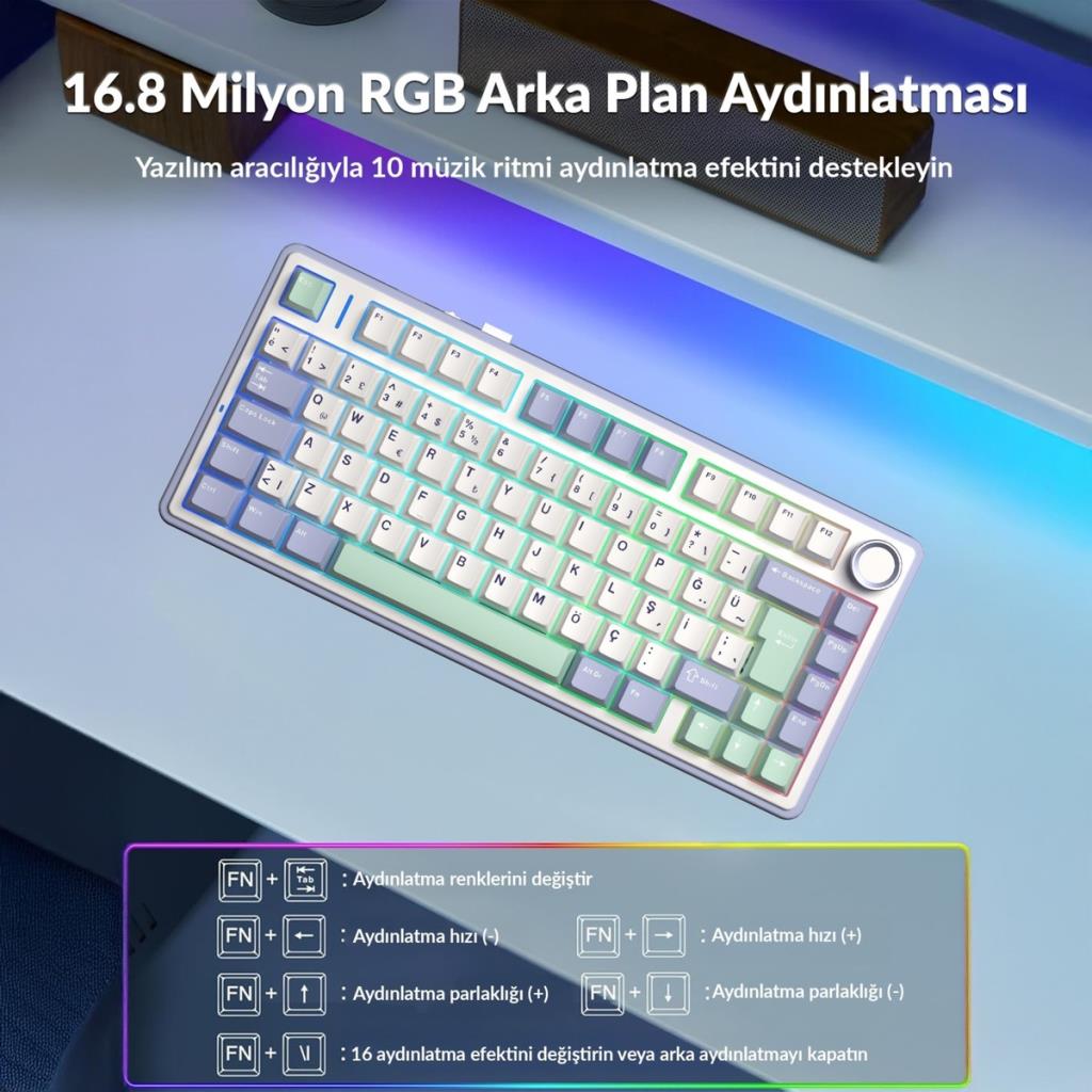 Aula F75 Bej RGB %75 TKL GrayWood V4 Switch Kablolu/Kablosuz Mekanik Oyuncu Klavyesi