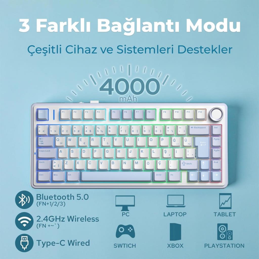 Aula F75 Mavi RGB %75 TKL GrayWood V4 Switch Kablolu/Kablosuz Mekanik Oyuncu Klavyesi Outlet