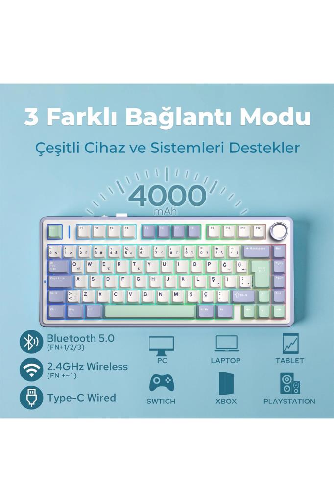 Aula F75 Bej RGB %75 TKL GrayWood V4 Switch Kablolu/Kablosuz Mekanik Oyuncu Klavyesi Teşhir
