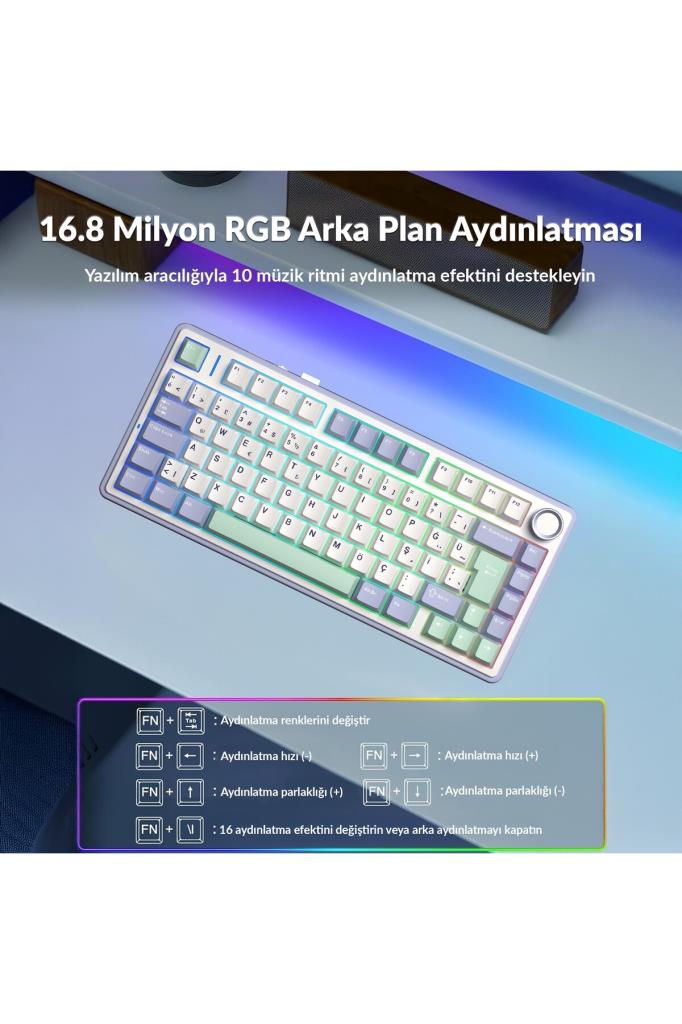 Aula F75 Bej RGB %75 TKL GrayWood V4 Switch Kablolu/Kablosuz Mekanik Oyuncu Klavyesi Teşhir