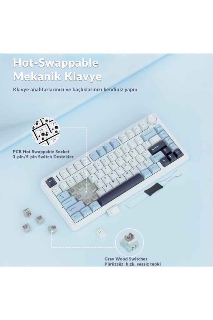 Aula F75 Bej RGB %75 TKL GrayWood V4 Switch Kablolu/Kablosuz Mekanik Oyuncu Klavyesi Teşhir