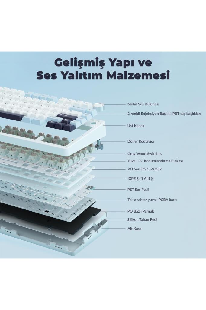 Aula F75 Bej RGB %75 TKL GrayWood V4 Switch Kablolu/Kablosuz Mekanik Oyuncu Klavyesi Teşhir