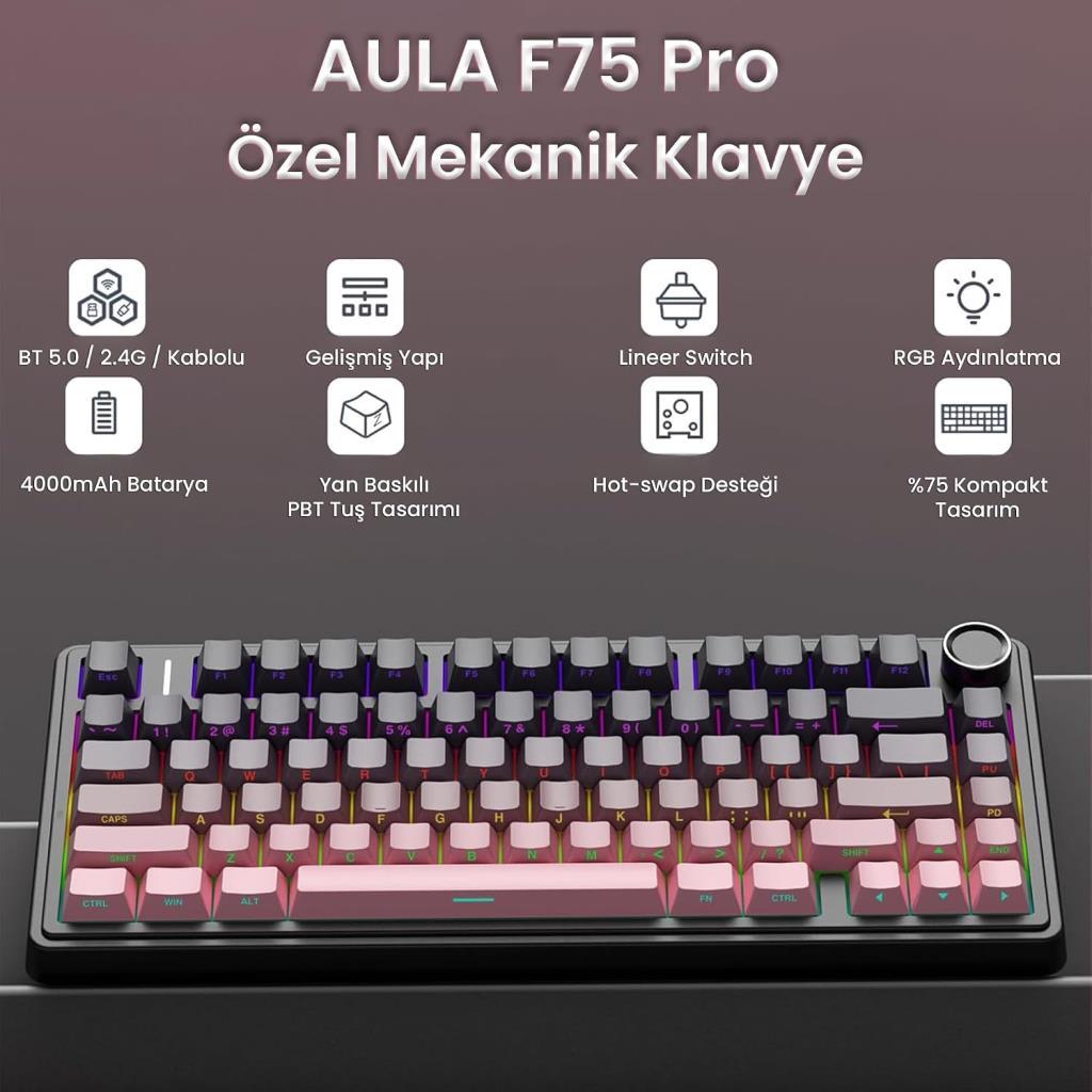 Aula F75 PEMBE RGB %75 TKL Reaper Switch Kablolu/Kablosuz Mekanik Oyuncu Klavyesi - TEŞHİR