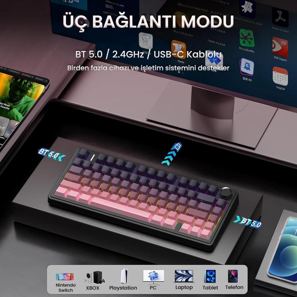 Aula F75 PEMBE RGB %75 TKL Reaper Switch Kablolu/Kablosuz Mekanik Oyuncu Klavyesi - TEŞHİR