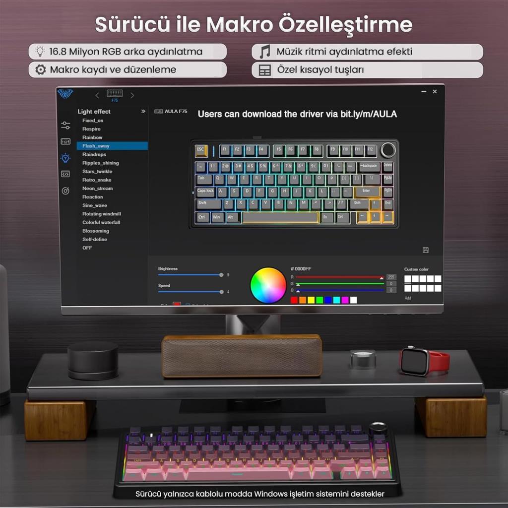Aula F75 PEMBE RGB %75 TKL Reaper Switch Kablolu/Kablosuz Mekanik Oyuncu Klavyesi - TEŞHİR