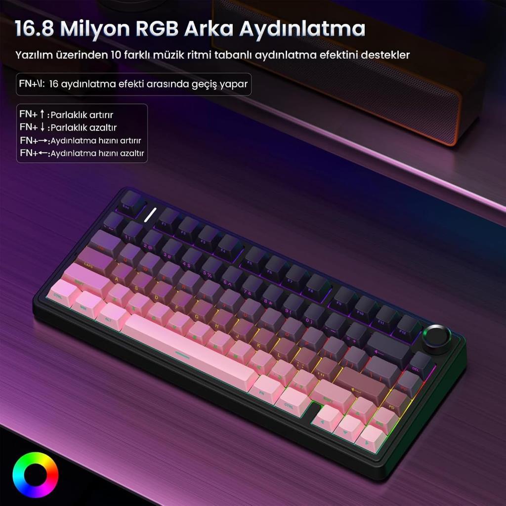 Aula F75 PEMBE RGB %75 TKL Reaper Switch Kablolu/Kablosuz Mekanik Oyuncu Klavyesi - TEŞHİR