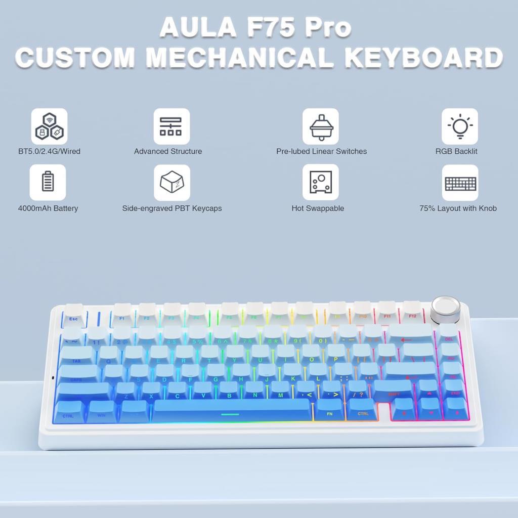 Aula F75 Mekanik Rgb Tkl Seiya Switch Kablosuz Makrolu Hot Swap Klavye Gradyan Mavi - OUTLET
