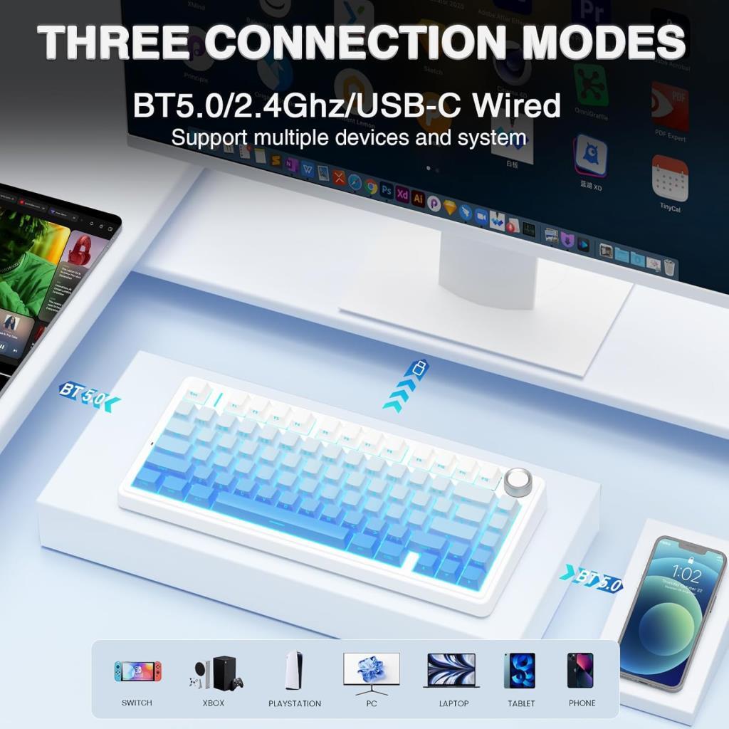 Aula F75 Mekanik Rgb Tkl Seiya Switch Kablosuz Makrolu Hot Swap Klavye Gradyan Mavi - OUTLET