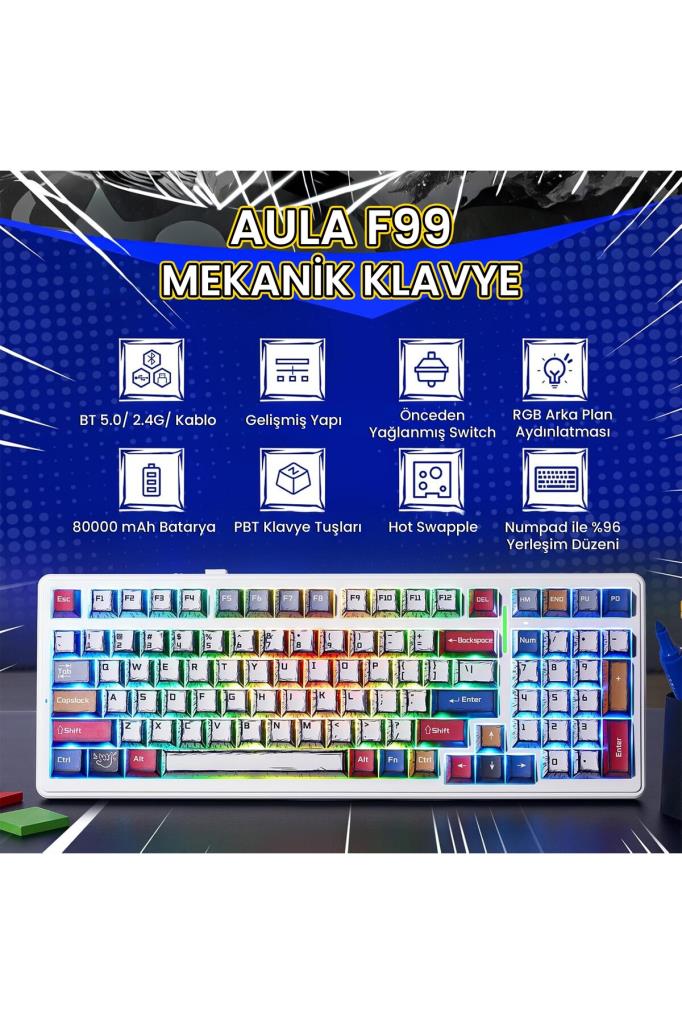 Aula F99 Comic RGB GrayWood V3 Switch Kablolu/Kablosuz Mekanik Oyuncu Klavyesi Outlet