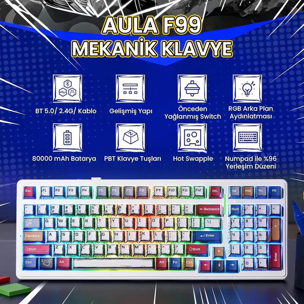 Aula F99 Comic RGB GrayWood V3 Switch Kablolu/Kablosuz Mekanik Oyuncu Klavyesi