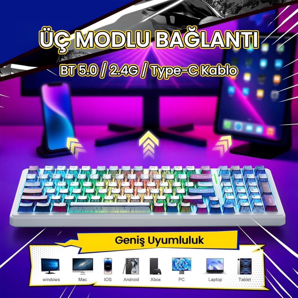 Aula F99 Comic RGB GrayWood V3 Switch Kablolu/Kablosuz Mekanik Oyuncu Klavyesi