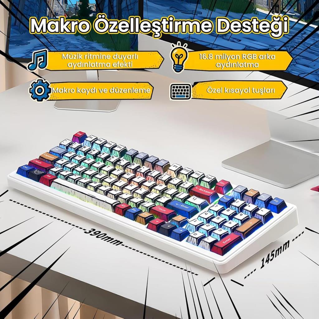 Aula F99 Comic RGB GrayWood V3 Switch Kablolu/Kablosuz Mekanik Oyuncu Klavyesi