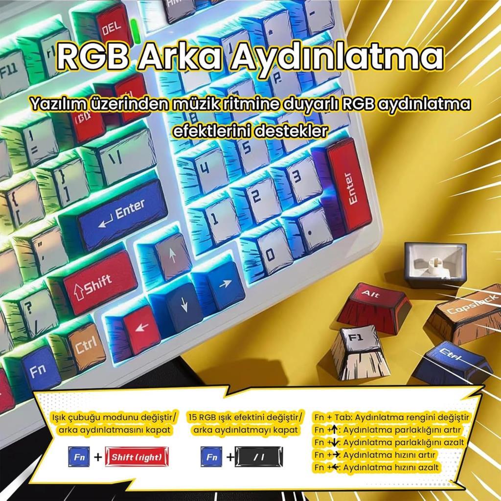 Aula F99 Comic RGB GrayWood V3 Switch Kablolu/Kablosuz Mekanik Oyuncu Klavyesi