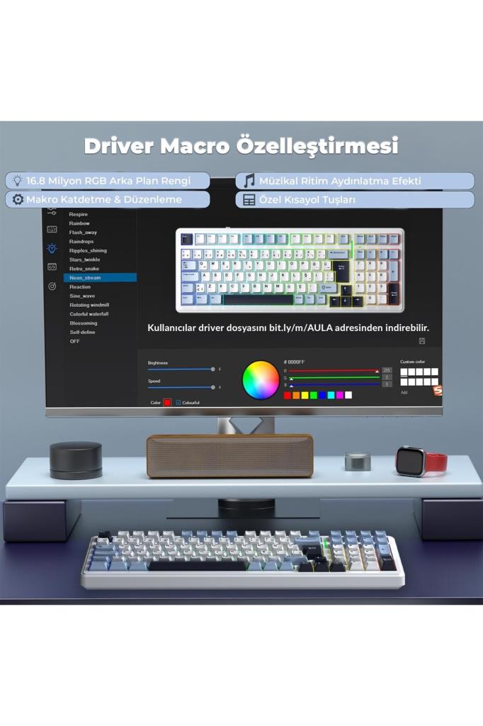 Aula F99 Lacivert RGB GrayWood V3 Switch Kablolu/Kablosuz Mekanik Oyuncu Klavyesi Outlet