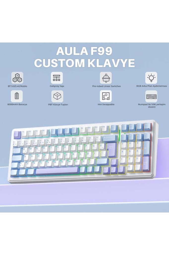 Aula F99 RGB GrayWood V4 Switch Kablolu/Kablosuz Mekanik Oyuncu Klavyesi Outlet