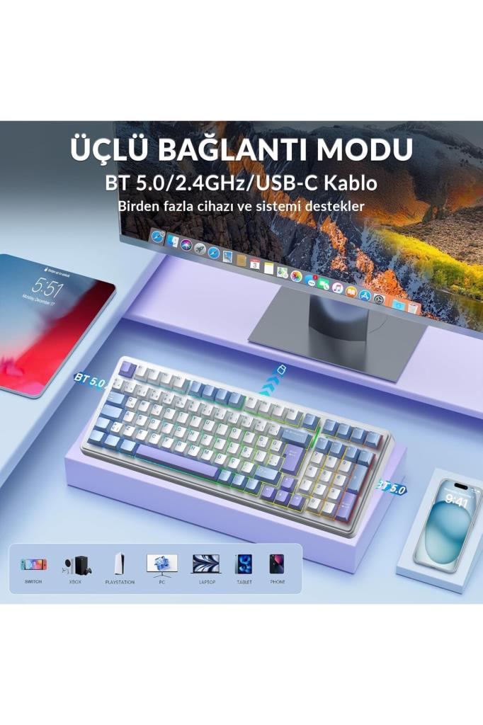 Aula F99 RGB GrayWood V4 Switch Kablolu/Kablosuz Mekanik Oyuncu Klavyesi Outlet