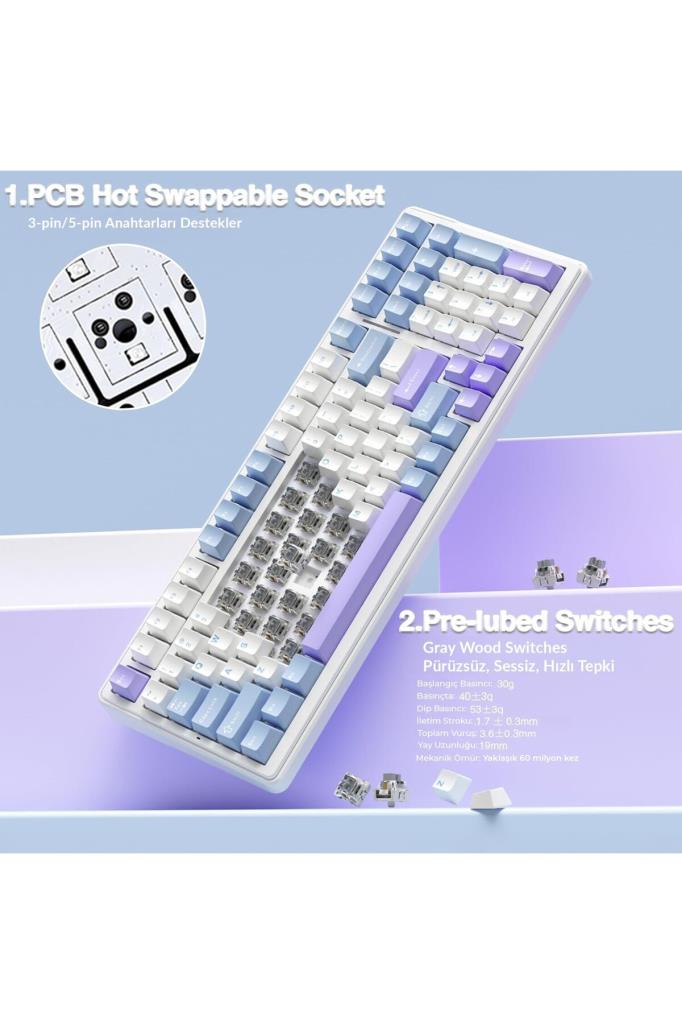 Aula F99 RGB GrayWood V4 Switch Kablolu/Kablosuz Mekanik Oyuncu Klavyesi Outlet
