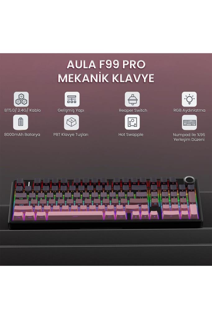 Aula F99 Pro RGB %99 Reaper Switch Kablolu/Kablosuz Mekanik Oyuncu Klavyesi Outlet