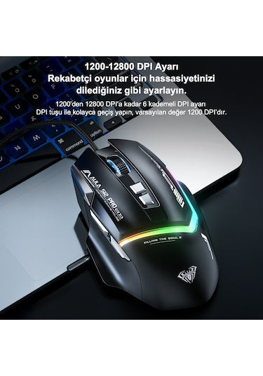 Aula S12 Pro Siyah Makrolu Ergonomik Optik Kablolu Oyuncu Mouse - OUTLET