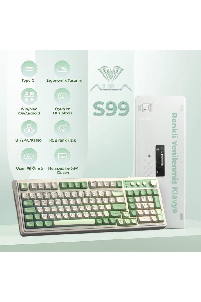 Aula S99 Retro Yeşil RGB %96 Kablolu/Kablosuz Oyuncu Klavyesi Teşhir