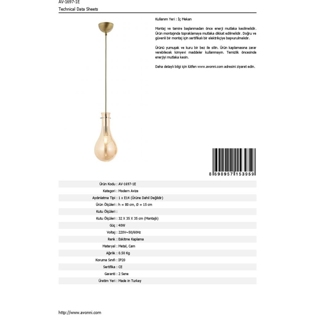 Avonni AV-60092-1E Eskitme Kaplama Modern Avize E14 Metal Cam 15cm