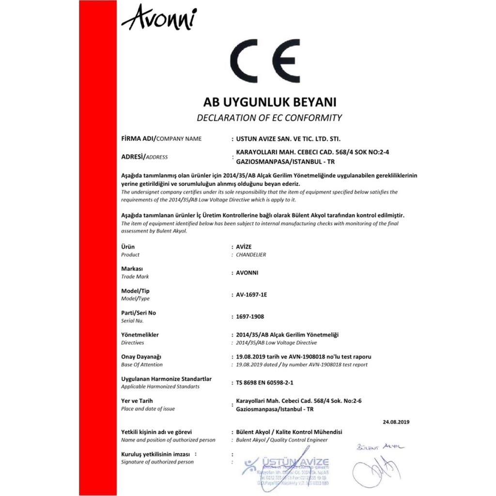 Avonni AV-60092-1E Eskitme Kaplama Modern Avize E14 Metal Cam 15cm