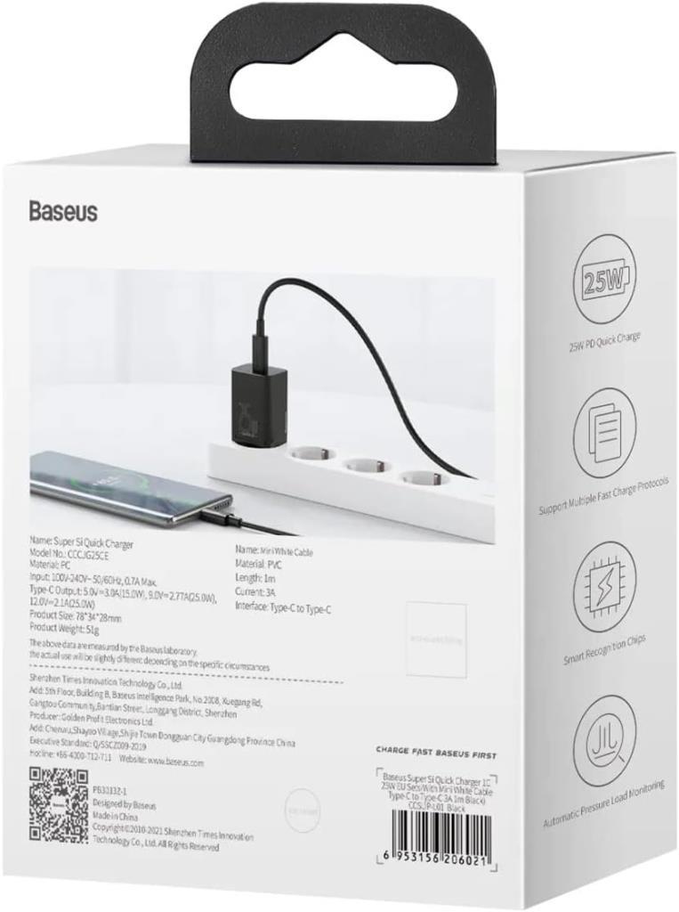 Baseus Super Si PD 25 W Siyah Type-C Kablolu Hızlı Şarj Aleti Teşhir