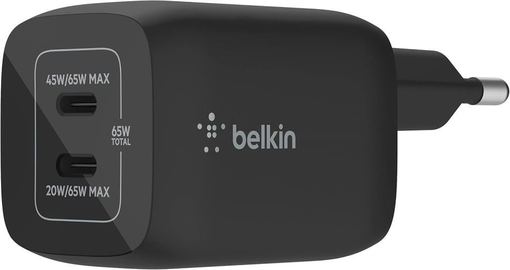 Belkin 65W Dual USB Type C Duvar Şarj Cihazı, GaN Teknolojisi ile Hızlı Şarj Güç Dağıtımı 3.0, USB C Fişi ve iPhone 16, iPad, MacBook, Galaxy, Pixel vb. için USB Şarj Cihazı - Teşhir