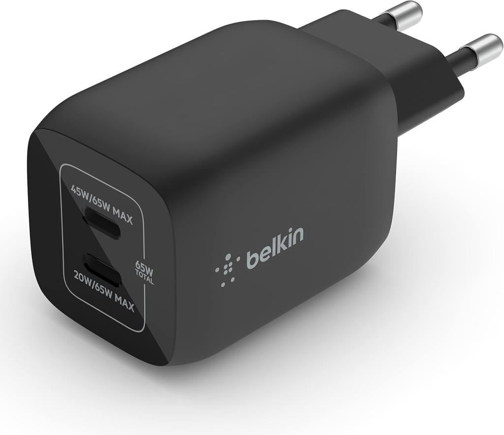 Belkin 65W Dual USB Type C Duvar Şarj Cihazı, GaN Teknolojisi ile Hızlı Şarj Güç Dağıtımı 3.0, USB C Fişi ve iPhone 16, iPad, MacBook, Galaxy, Pixel vb. için USB Şarj Cihazı - Teşhir