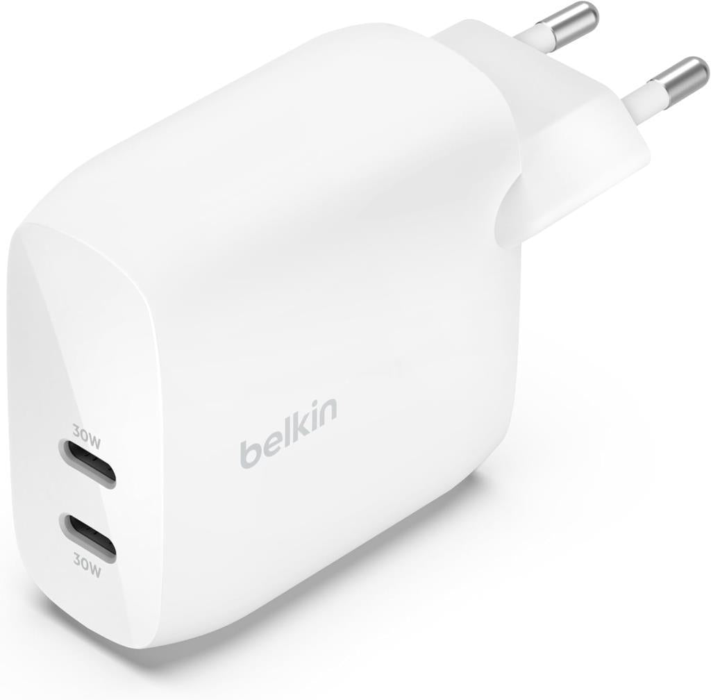 Belkin Boost Charge Çift USB-C Fişi, PPS'li, iPhone 16 ve Diğerleri, iPad, Samsung Galaxy, Google Pixel, MacBook için 60W Şarj Cihazı, USB-C'den Lightning Kablosu ve USB-C Uyumlu, Beyaz - Teşhir