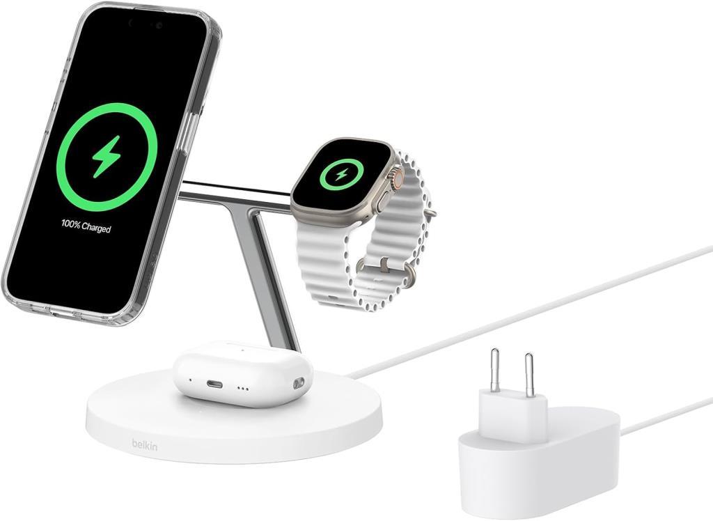 Belkin BoostCharge 3'ü 1 Arada Qi2 şarj cihazı, MagSafe uyumlu kablosuz şarj istasyonu, Apple iPhone 17 Serisi, Apple Watch, Kaymaz Tabanlı AirPods için Qi2 Kablosuz Şarj Aleti, PSU Dahil - Beyaz Outlet