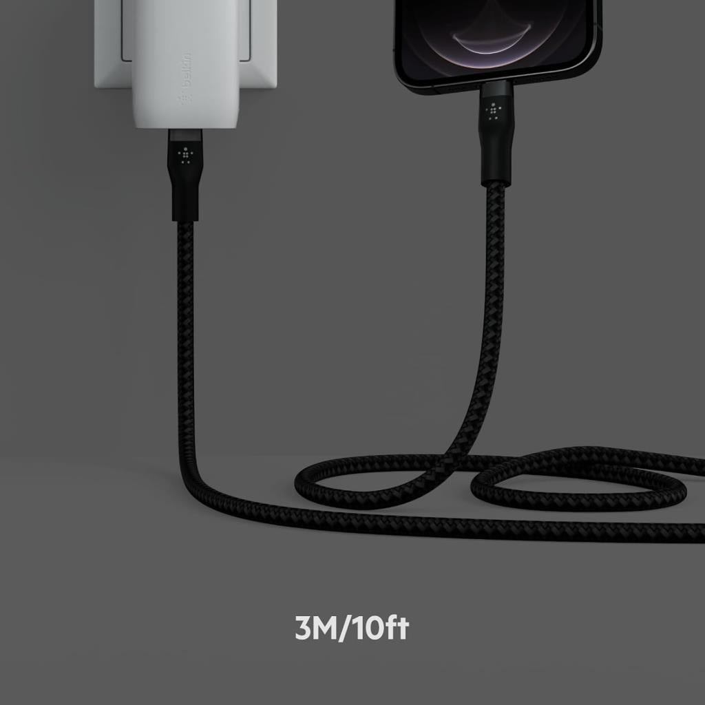 Belkin BoostCharge Pro Flex Örgülü USB Tip C - Lightning Kablosu (3M/10ft), MFi Sertifikalı 20W Hızlı Şarj PD Güç Dağıtımı - Siyah - Outlet
