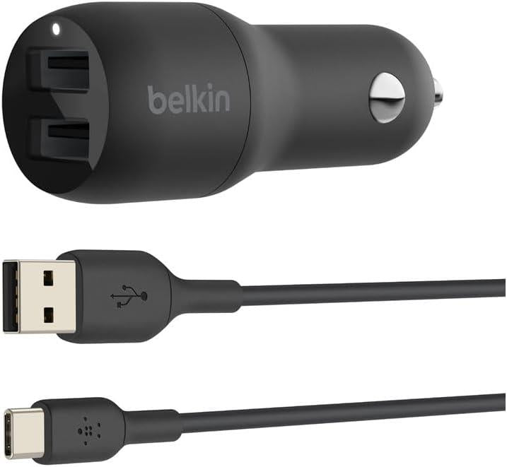 Belkin Çift USB Araç Şarj Cihazı 24 W + USB-C Kablosu (Boost Charge Çift Bağlantı Noktalı Araç Şarjı, 2 Bağlantı Noktalı USB Araç Şarjı) Nintendo Switch Araç Şarjı, iPad Pro Araç Şarjı Outlet