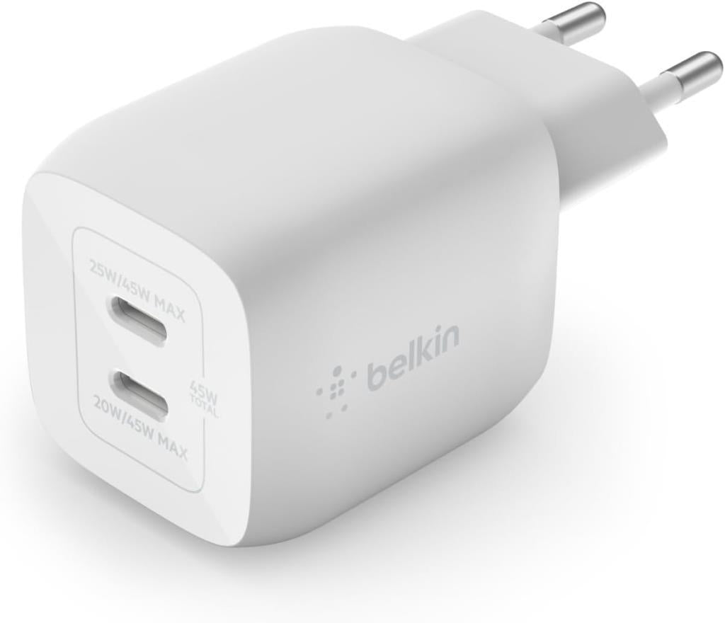 Belkin 45 W USB-C şarj cihazı, 2 bağlantı noktalı, Power Delivery 3.0 ve GaN teknolojisi ile iPhone 14/14 Plus, 13, Pro, Pro Max, mini, iPad Pro 12.9, 11, MacBook, Galaxy S22, Tab vb. için hızlı şarj Outlet