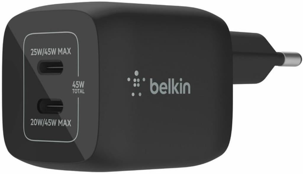 Belkin Çift USB-C Duvar Şarj Cihazı 45W, iPhone 14, 13, 12, Pro, Pro Max, iPad Pro 12.9, 11, MacBook, Galaxy S23, S23+, Ultra, Tab ve daha fazlası için GaN Teknolojili PD 3.0 Hızlı Şarj Outlet
