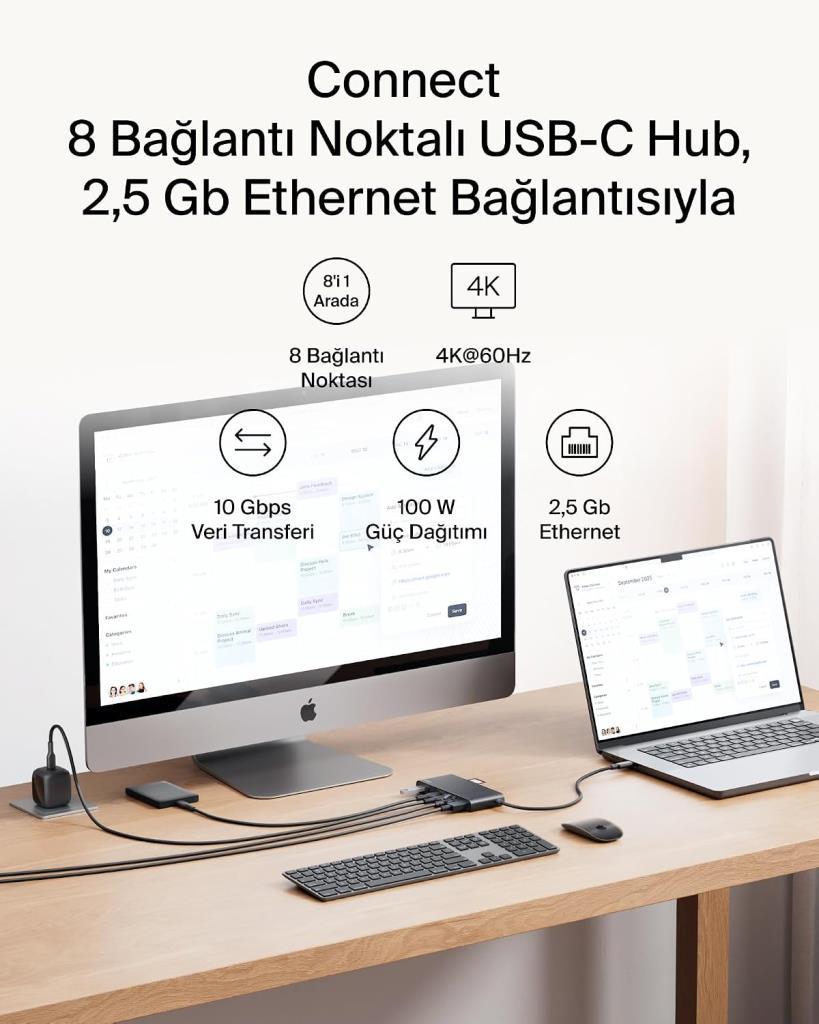 Belkin Connect 8 Port USB-C Hub 100W PD 4K 60Hz 10Gbps 2.5Gbps Ethernet Siyah - TEŞHİR