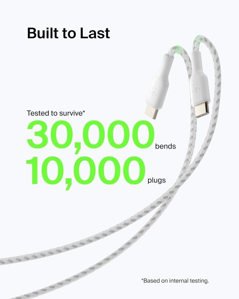 Belkin Örgülü USB-C Kablosu (Boost Charge USB- C-USB Kablosu, Note10, S10, Pixel 4, iPad Pro, Nintendo Switch ve daha fazlası için USB C Tipi Kablosu) 2 metre, Beyaz - Outlet