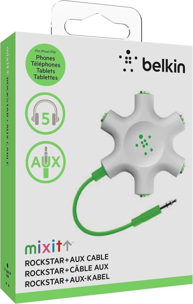 Belkin Rockstar 3,5 mm Jak 5'li Kulaklık Çoklayıcı Kablo, iPhone ve Samsung Uyumlu, Beyaz/Açık Yeşil - Outlet