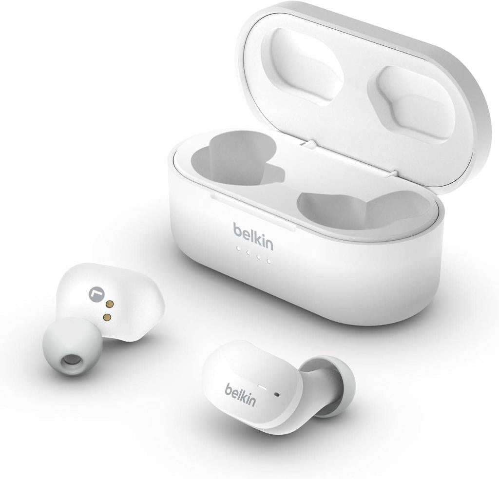 Belkin SoundForm True Kablosuz Kulak İçi Kulaklık (iPhone, Samsung, Google için Dokunmatik Kontrol, Taşınabilir Şarj Kutulu, 24 saat Çalma, Gürültü Yalıtımı, Tere Dayanıklı, Bluetooth Kulaklık, Beyaz) Outlet