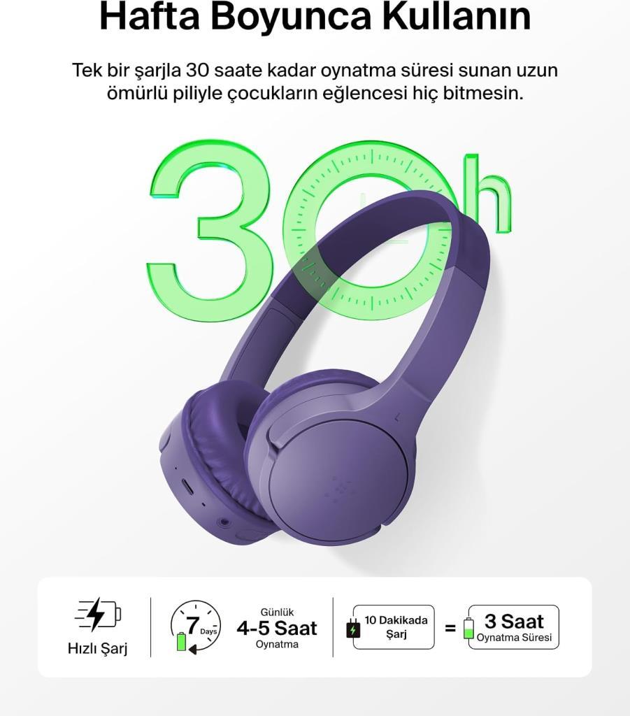 Belkin SoundForm Mini Kids Lila Kulak Üstü Bluetooth Kulaklık - OUTLET