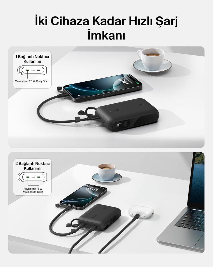 Belkin 10.000 mAh 20 W Hızlı Şarj Powerbank, 2×USB-C, Dijital Pil Göstergesi, Siyah – iPhone, Samsung Galaxy, Google Pixel ve iPad Uyumlu