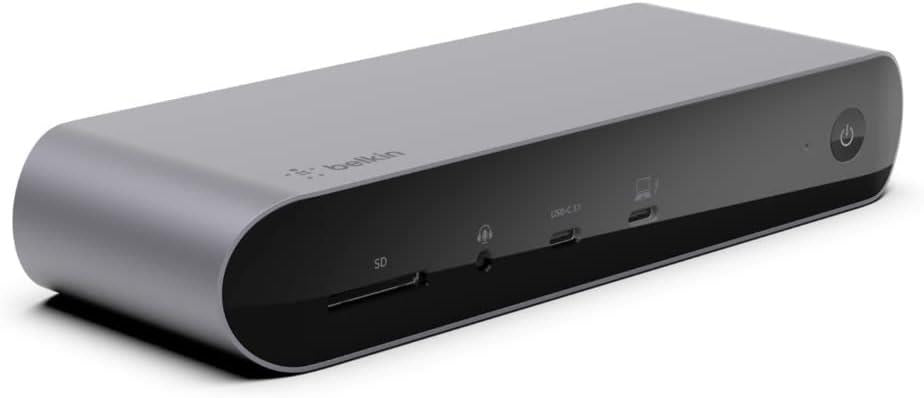 قاعدة توصيل Belkin Thunderbolt 4 Pro، متوافقة مع شاشة 8K فردية 60 هرتز، أو شاشتين 4K، منفذا Thunderbolt 4، منفذا HDMI، توصيل طاقة 90 واط، عرض مدخل/مخرج الصوت
