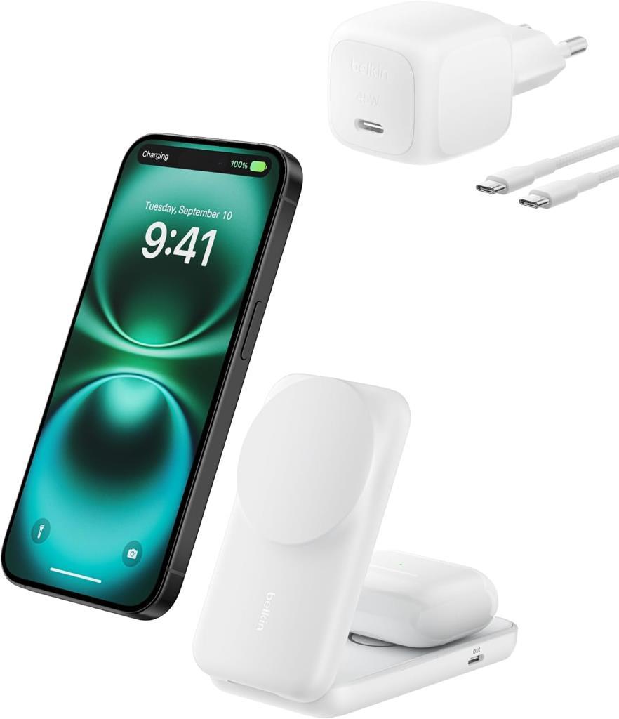 Belkin UltraCharge 2’ü 1 Arada Qi2 Manyetik Kablosuz Şarj 25 W, Beyaz - TEŞHİR