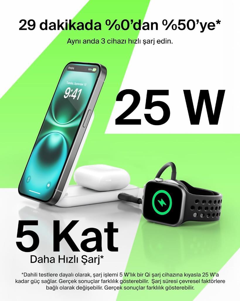 Belkin UltraCharge 2’ü 1 Arada Qi2 Manyetik Kablosuz Şarj 25 W, Beyaz - TEŞHİR