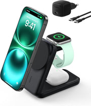 Belkin Ultracharge Pro Magsafe Uyumlu 3'ü 1 Arada Qi2 25W Kablosuz Şarj Cihazı, iPhone 17, Apple Watch, Airpods, Pixelsnap, Seyahat ve Masaüstü Standı, 45W Adaptör, Siyah Teşhir