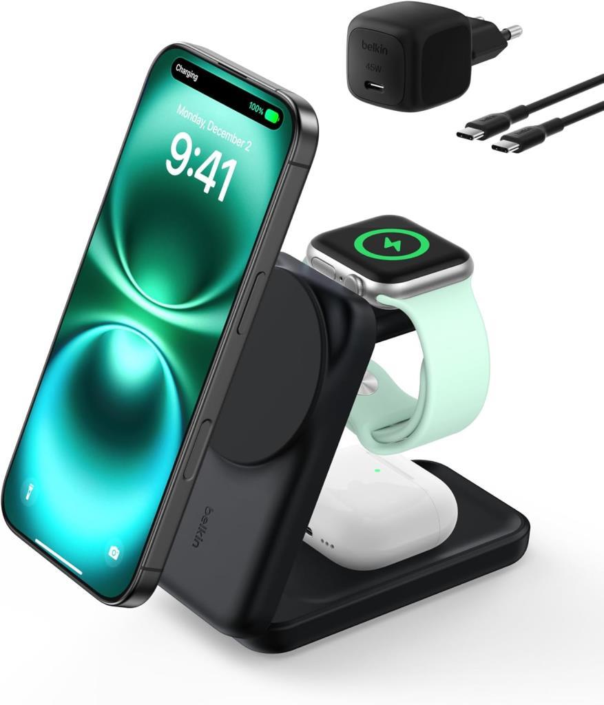 Belkin Ultracharge Pro Magsafe Uyumlu 3'ü 1 Arada Qi2 25W Kablosuz Şarj Cihazı, iPhone 17, Apple Watch, Airpods, Pixelsnap, Seyahat ve Masaüstü Standı, 45W Adaptör, Siyah Teşhir