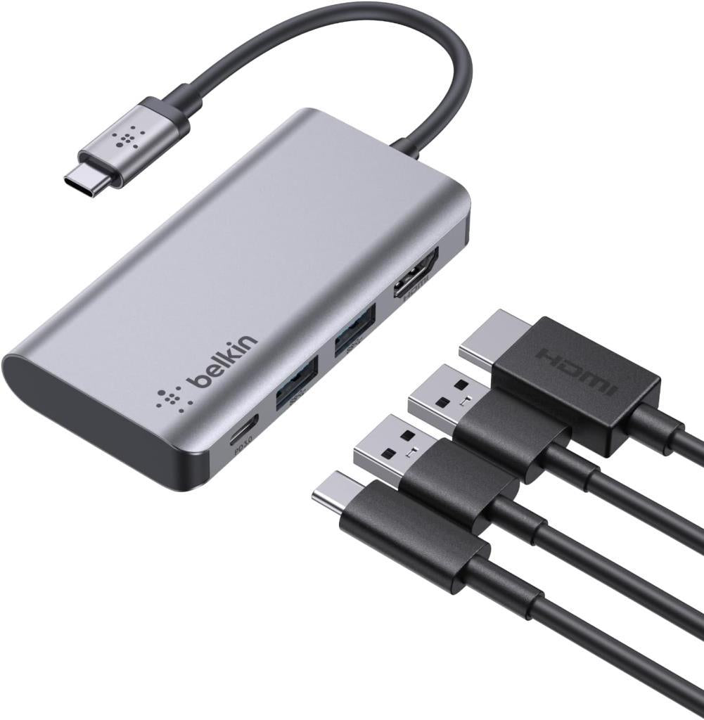 Belkin USB C 4'ü 1 Arada Çok Bağlantı Noktalı Adaptör (4K HDMI, USB-C 100W PD Geçişli Şarj ve Daha Fazlası için 2 x USB A Bağlantı Noktası ile) - Outlet