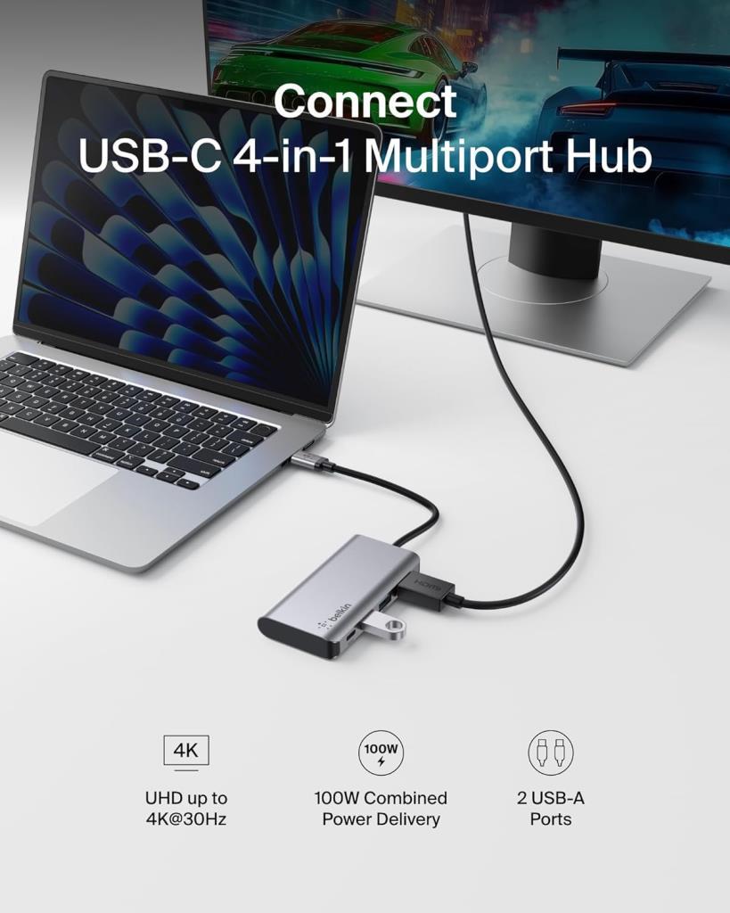 Belkin USB C 4'ü 1 Arada Çok Bağlantı Noktalı Adaptör (4K HDMI, USB-C 100W PD Geçişli Şarj ve Daha Fazlası için 2 x USB A Bağlantı Noktası ile) - Outlet