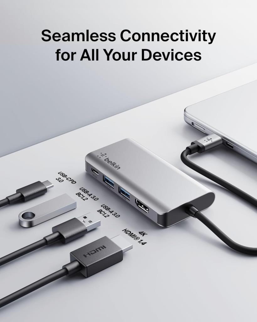 Belkin USB C 4'ü 1 Arada Çok Bağlantı Noktalı Adaptör (4K HDMI, USB-C 100W PD Geçişli Şarj ve Daha Fazlası için 2 x USB A Bağlantı Noktası ile) - Outlet