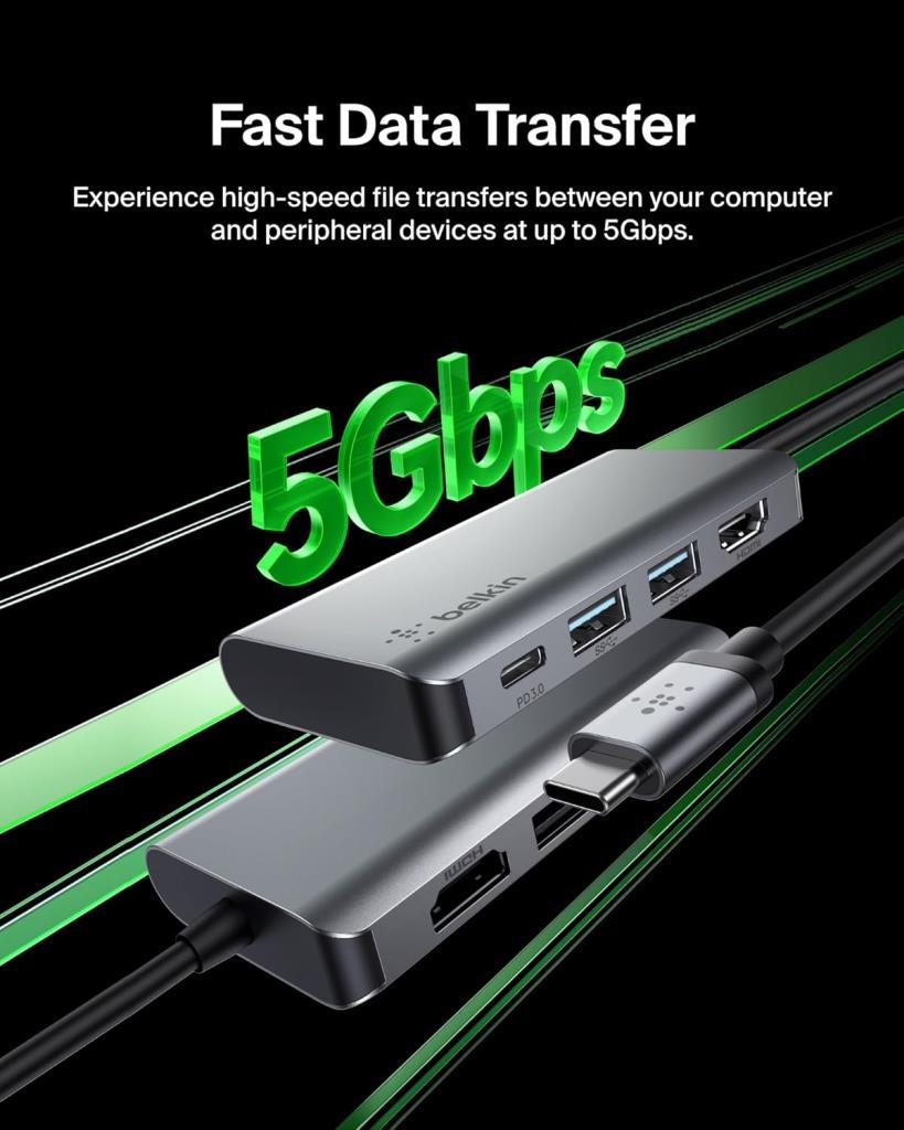 Belkin USB C 4'ü 1 Arada Çok Bağlantı Noktalı Adaptör (4K HDMI, USB-C 100W PD Geçişli Şarj ve Daha Fazlası için 2 x USB A Bağlantı Noktası ile) - Outlet